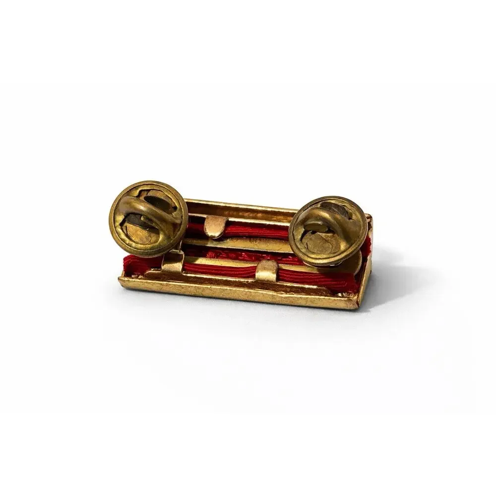 Vintage Army Red Ribbon Bar Pin Dual Clutch Back Brass Frame Uniform Insignia